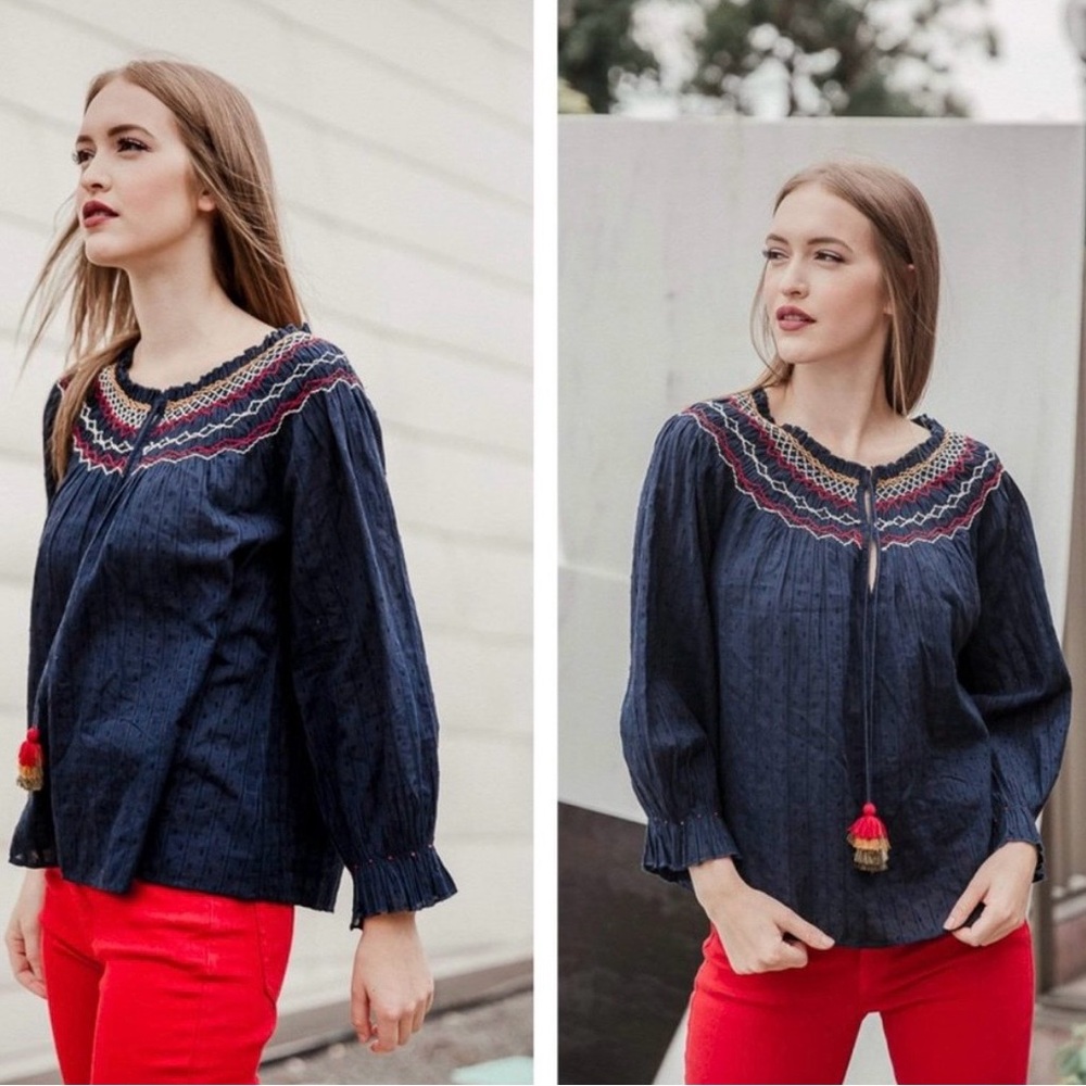 Velvet By Graham Spencer Trudie Embroidered Smocked Tassel Tie Top Boho Shirt XL